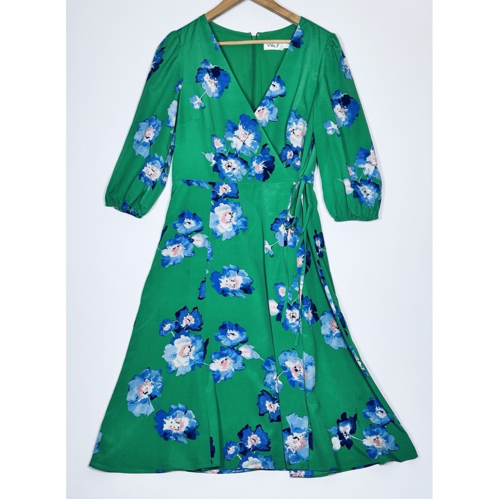 Eliza J Faux Wrap Dress 12P Green Blue Floral Midi Lined Wedding‎ Garden Party